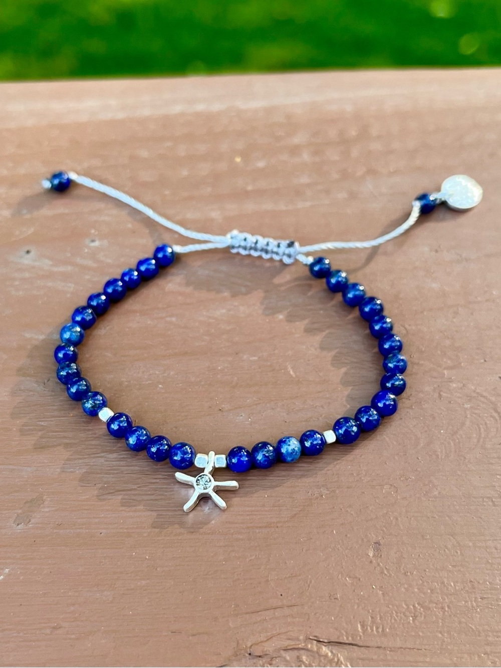 Marilyn Schiff Blue Beaded Bracelet w/ Silver Starburst Charm – Adjustable